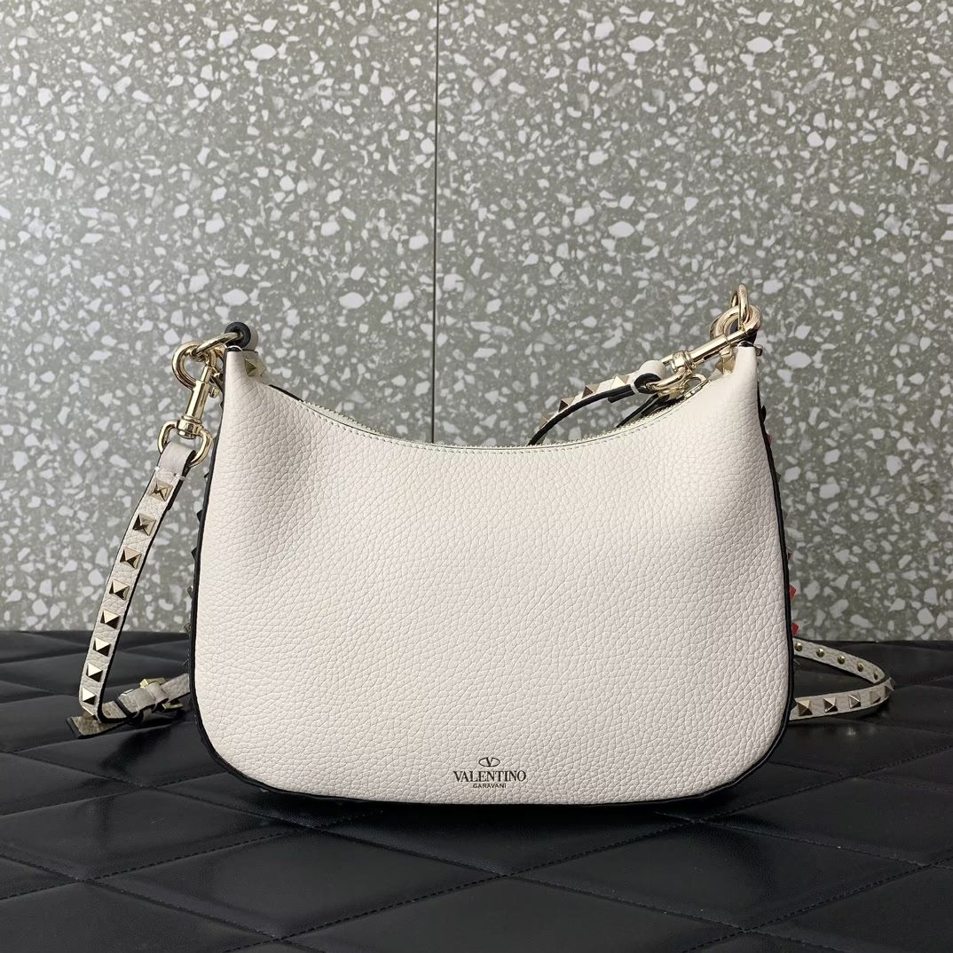 Valentino Garavani Rockstud Small Hobo Bag in Ivory Grainy Calfskin